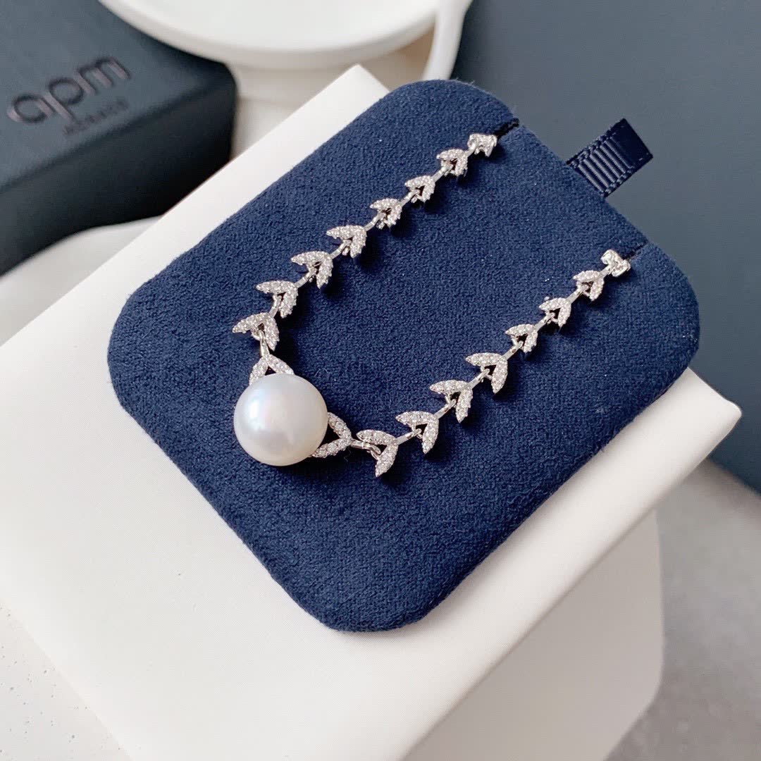 APM Monaco Pearl and Diamond Leaf Necklace